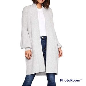 BCBGMaxazaria Grey Wool Long Ballon Sleeve Open Front Cardigan Sweater